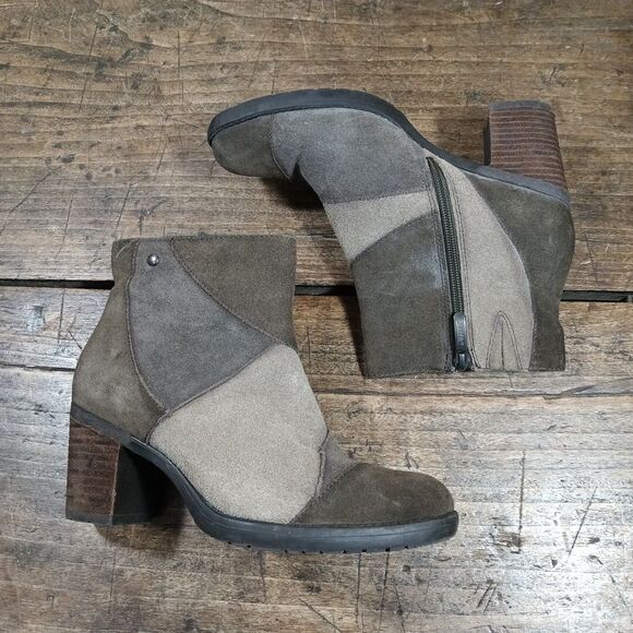 Earth Malta Suede Leather Ankle Bootie Sz 8 B Boho Patchwork Chunky Green Gray - Picture 2 of 12